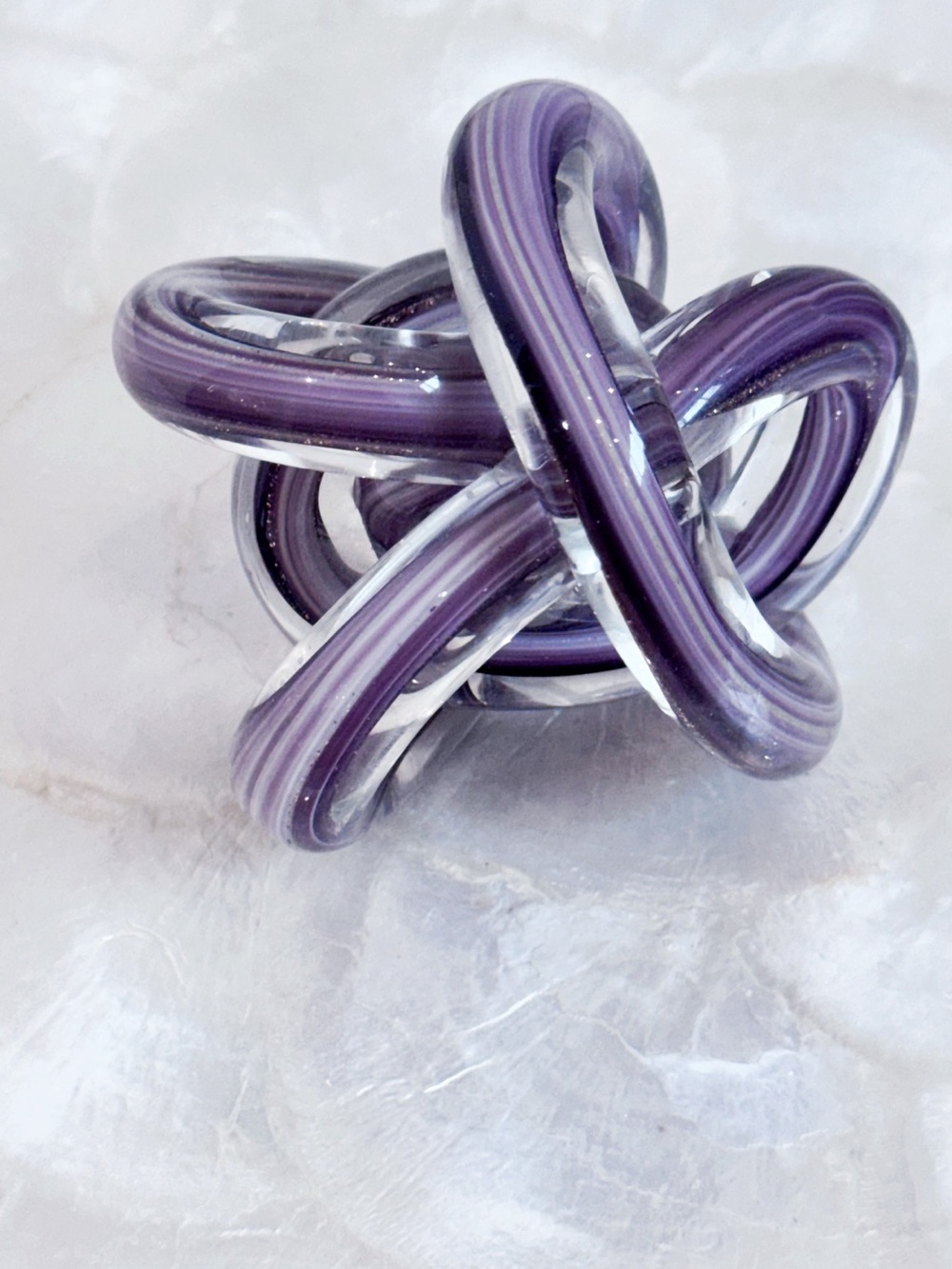 Purple gold white glass knot paper weight desk decor infinity knot